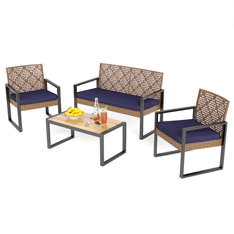 PHI VILLA 4-Piece Patio Conversation Set - Wicker Chairs and Acacia Wood Coffee Table - Modern and Stylish