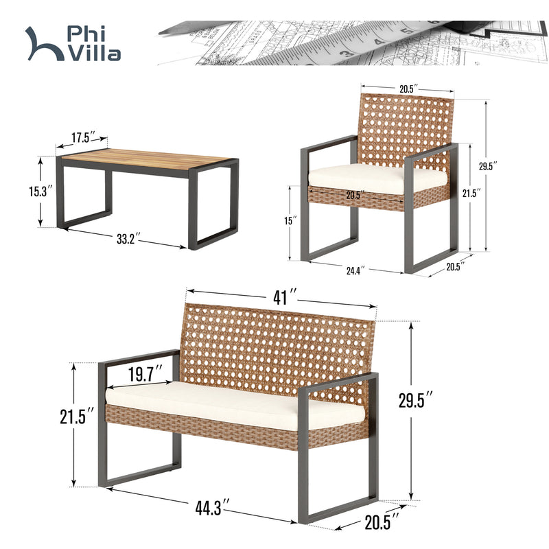 PHI VILLA 4-Piece Patio Wicker & Acacia Wood Conversation Set with Loveseat & Coffee Table