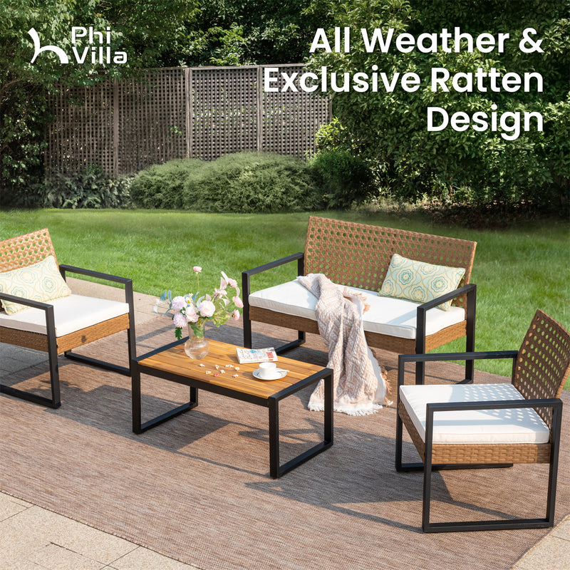 PHI VILLA 4-Piece Patio Wicker & Acacia Wood Conversation Set with Loveseat & Coffee Table