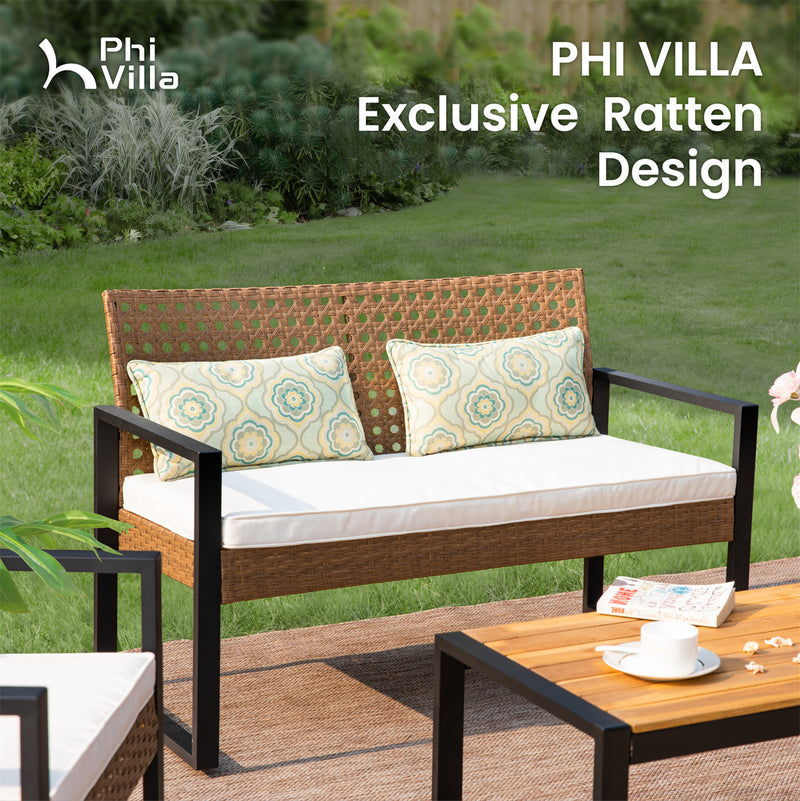 PHI VILLA 4-Piece Patio Wicker & Acacia Wood Conversation Set with Loveseat & Coffee Table