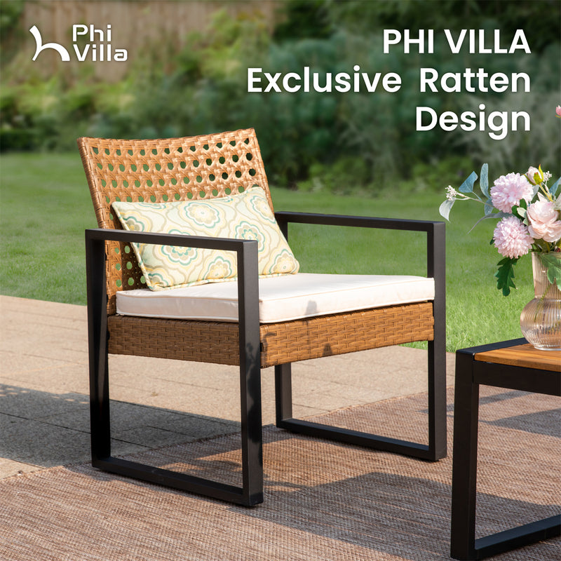 PHI VILLA 4-Piece Patio Wicker & Acacia Wood Conversation Set with Loveseat & Coffee Table