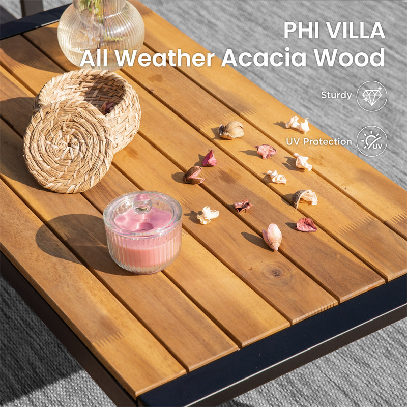 PHI VILLA 4-Piece Patio Wicker & Acacia Wood Conversation Set with Loveseat & Coffee Table