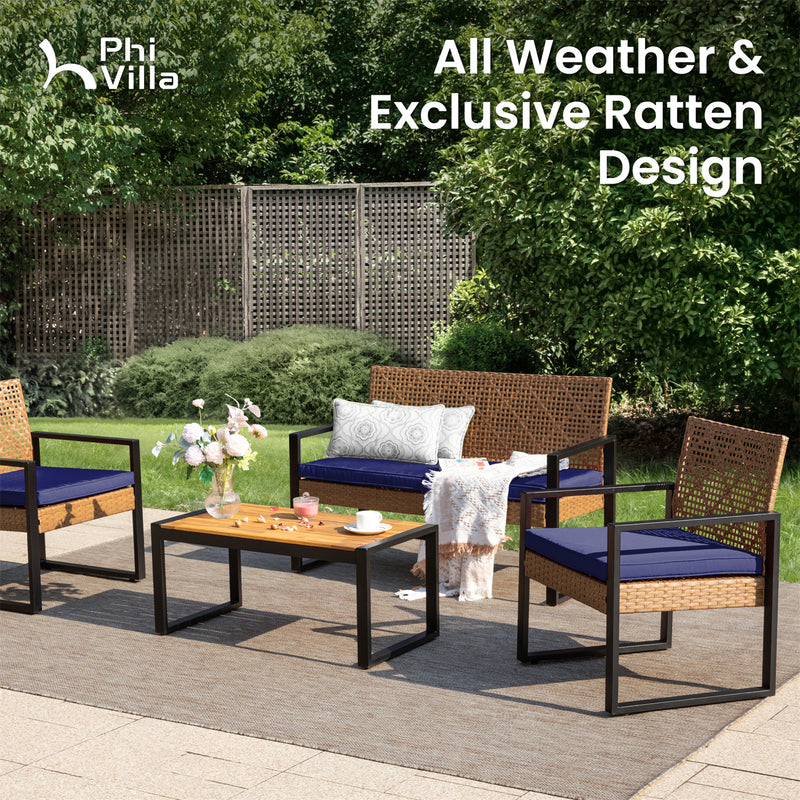 PHI VILLA 4-Piece Patio Conversation Set - Wicker Chairs and Acacia Wood Coffee Table - Modern and Stylish