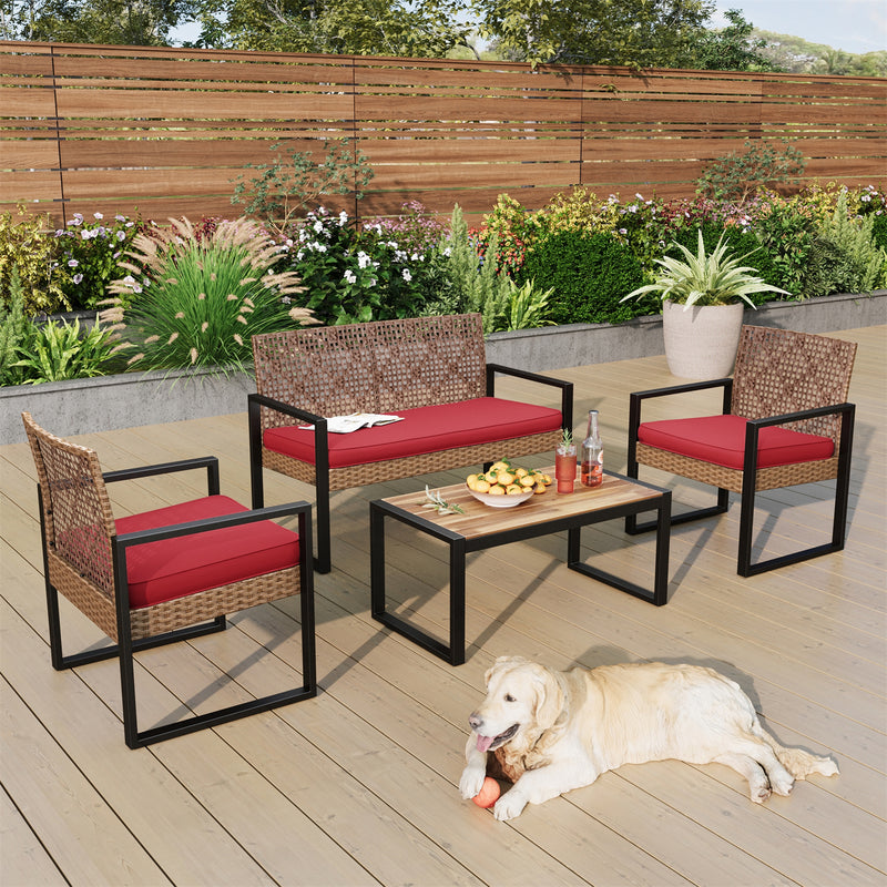 PHI VILLA 4-Piece Patio Conversation Set - Wicker Chairs and Acacia Wood Coffee Table - Modern and Stylish