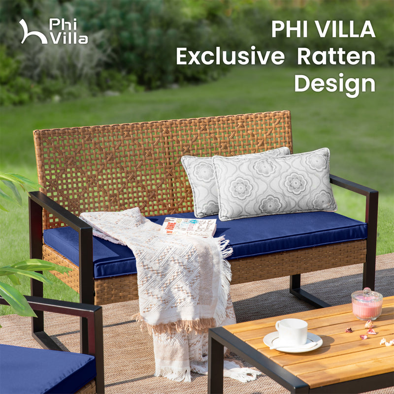 PHI VILLA 4-Piece Patio Conversation Set - Wicker Chairs and Acacia Wood Coffee Table - Modern and Stylish