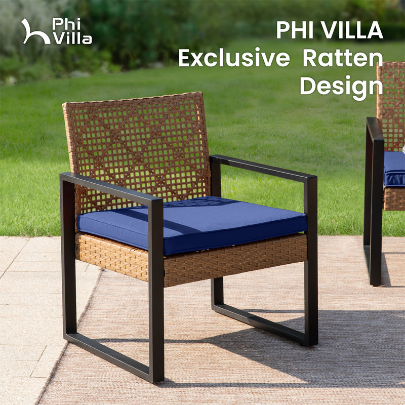 PHI VILLA 4-Piece Patio Conversation Set - Wicker Chairs and Acacia Wood Coffee Table - Modern and Stylish