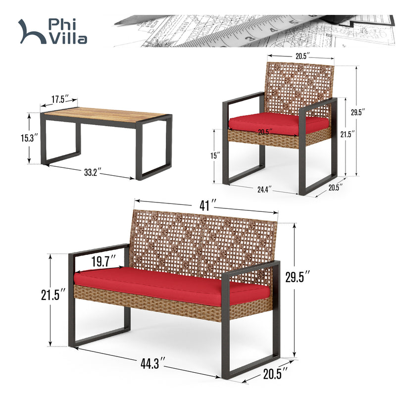 PHI VILLA 4-Piece Patio Conversation Set - Wicker Chairs and Acacia Wood Coffee Table - Modern and Stylish