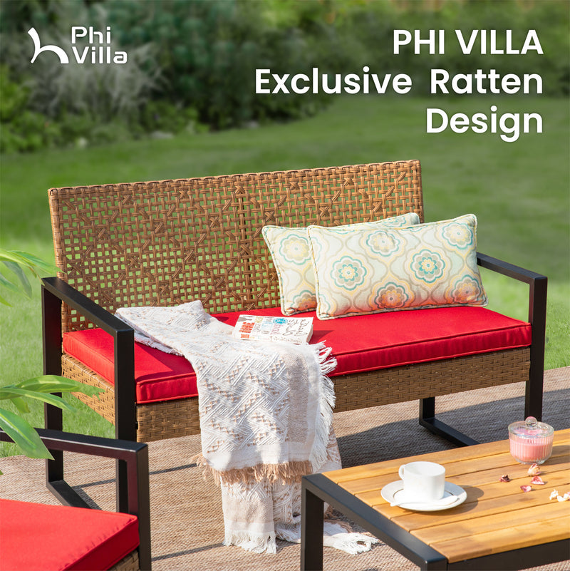 PHI VILLA 4-Piece Patio Conversation Set - Wicker Chairs and Acacia Wood Coffee Table - Modern and Stylish