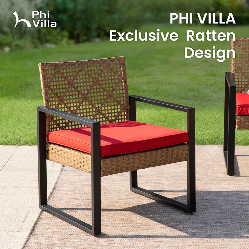 PHI VILLA 4-Piece Patio Conversation Set - Wicker Chairs and Acacia Wood Coffee Table - Modern and Stylish