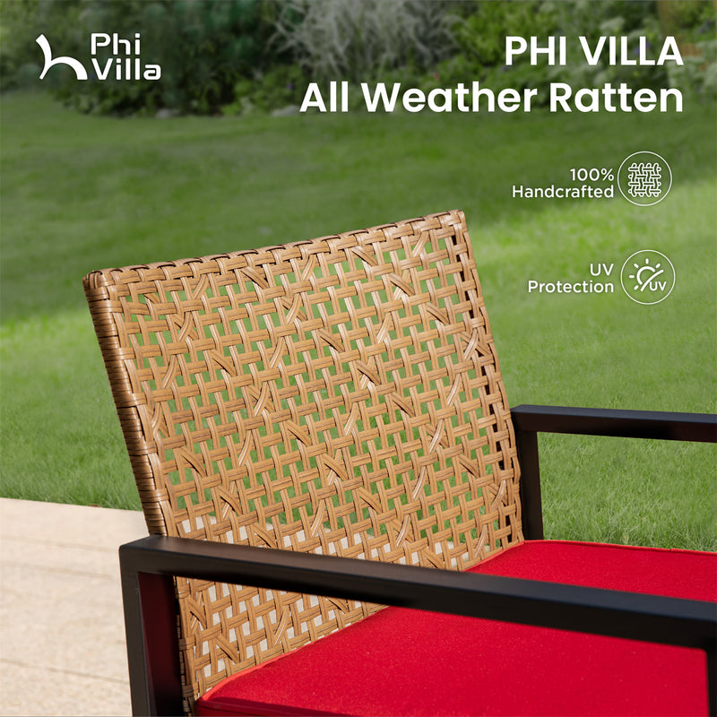 PHI VILLA 4-Piece Patio Conversation Set - Wicker Chairs and Acacia Wood Coffee Table - Modern and Stylish