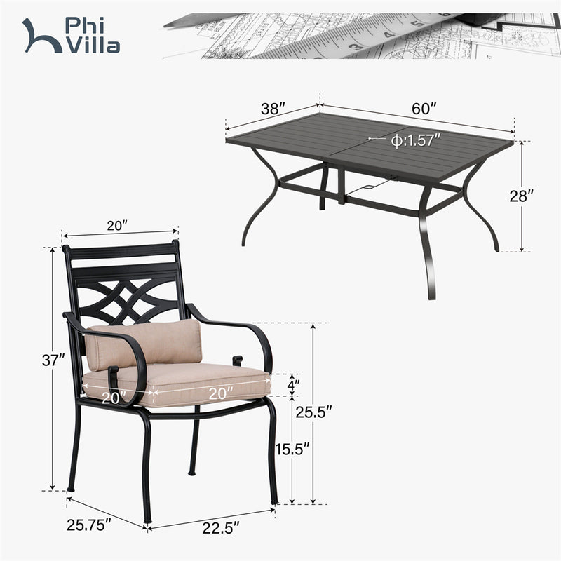 Phi Villa 7-Piece Patio Dining Set of Stylish Steel Chairs and Steel Rectangle Table