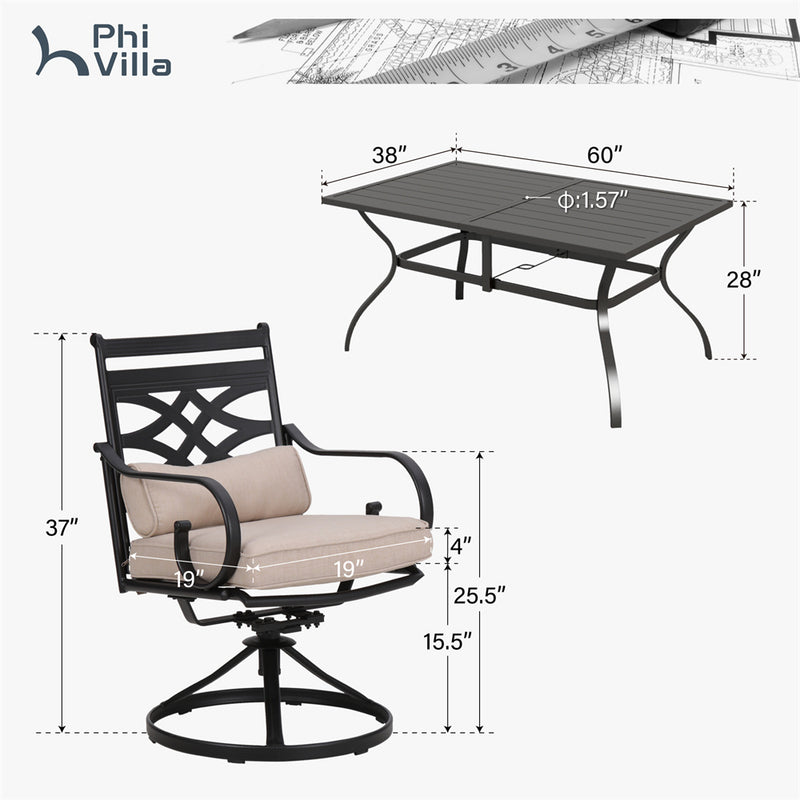 PHI VILLA 7-Piece Patio Dining Set 6 Swivel Chairs and Steel Rectangle Table