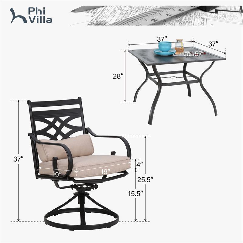 PHI VILLA 5-Piece Outdoor Dining Set 4 Swivel Steel Chairs and Square Table