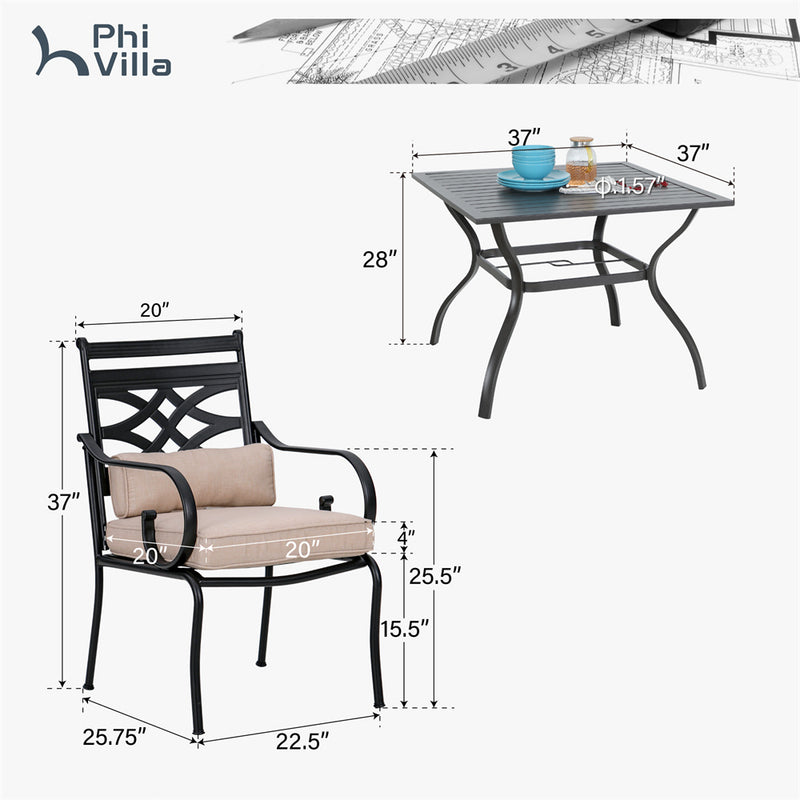 PHI VILLA 5-Piece Patio Dining Set 4 Fixed Steel Chairs and Dining Table