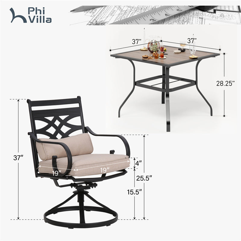 PHI VILLA 5-Piece Outdoor Dining Set 4 Swivel Steel Chairs and Square Table