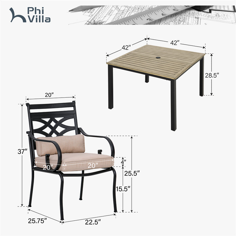 PHI VILLA 5-Piece Patio Dining Set 4 Fixed Steel Chairs and Dining Table