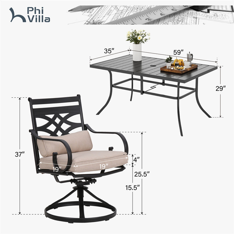 PHI VILLA 7-Piece Patio Dining Set 6 Swivel Chairs and Steel Rectangle Table