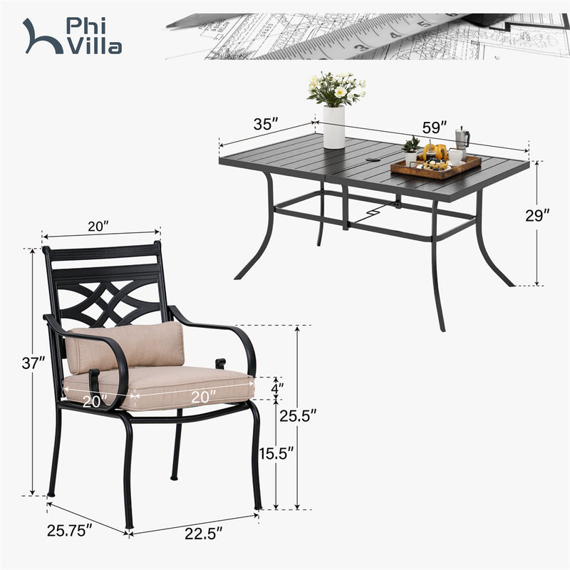 Phi Villa 7-Piece Patio Dining Set of Stylish Steel Chairs and Steel Rectangle Table