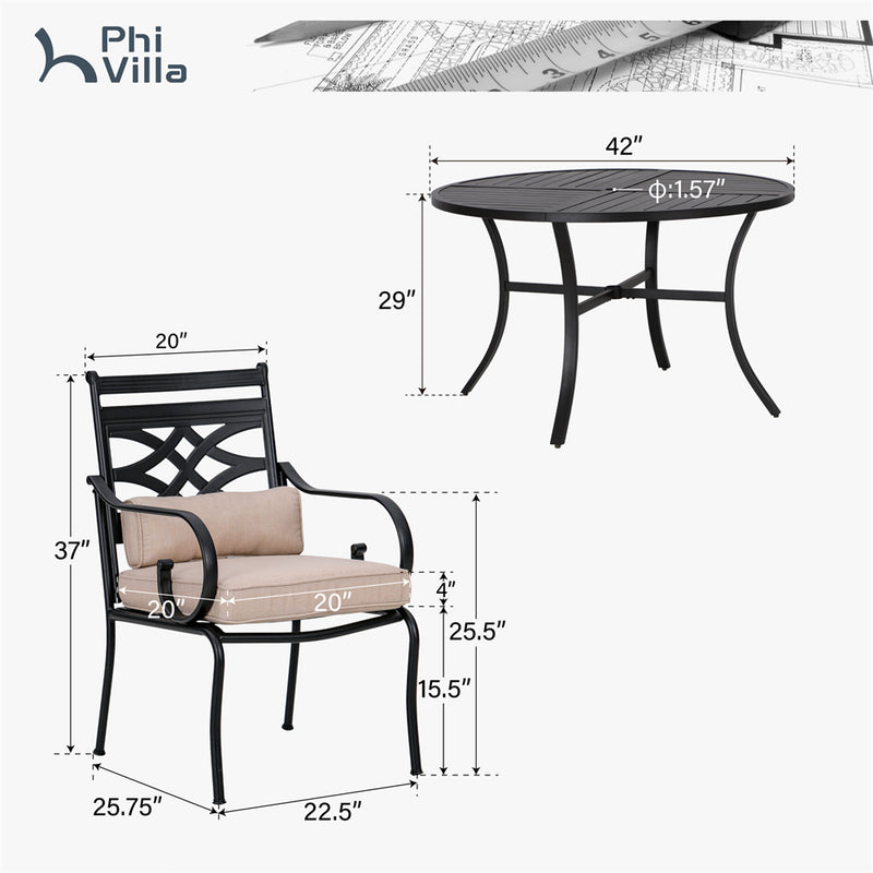 PHI VILLA 5-Piece Patio Dining Set 4 Fixed Steel Chairs and Round Table