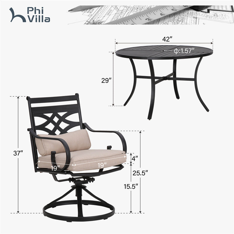 PHI VILLA 5-Piece Patio Dining Set 4 Fixed Steel Chairs and Round Table