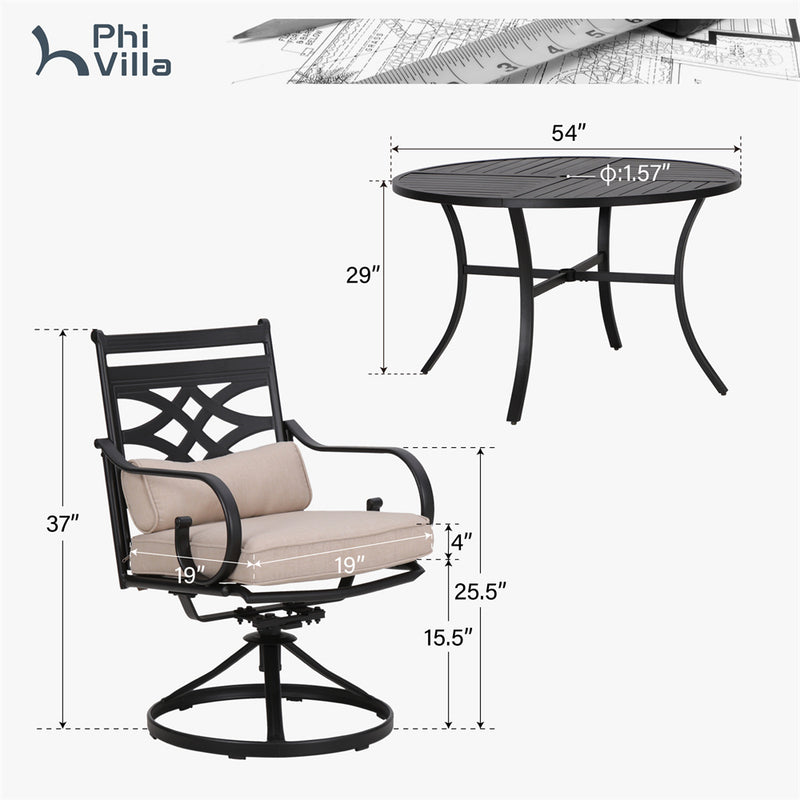 7-Piece Round Table Patio Dining Set of Steel Fixed Chairs with Cushion and Pillow-Phi Villa