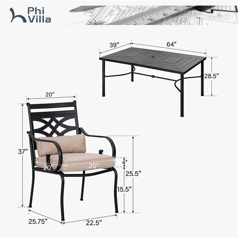 Phi Villa 7-Piece Patio Dining Set of Stylish Steel Chairs and Steel Rectangle Table