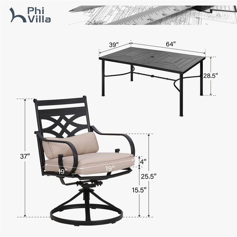 PHI VILLA 7-Piece Patio Dining Set 6 Swivel Chairs and Steel Rectangle Table