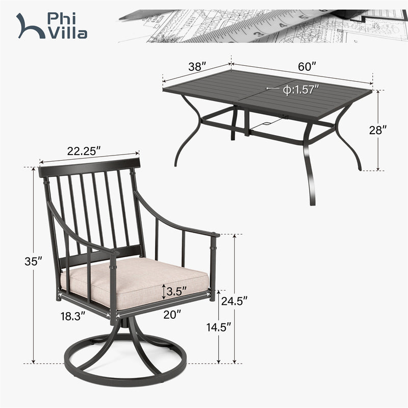 PHI VILLA 7-Piece Patio Dining Set with Farmhouse Style Swivel Chairs