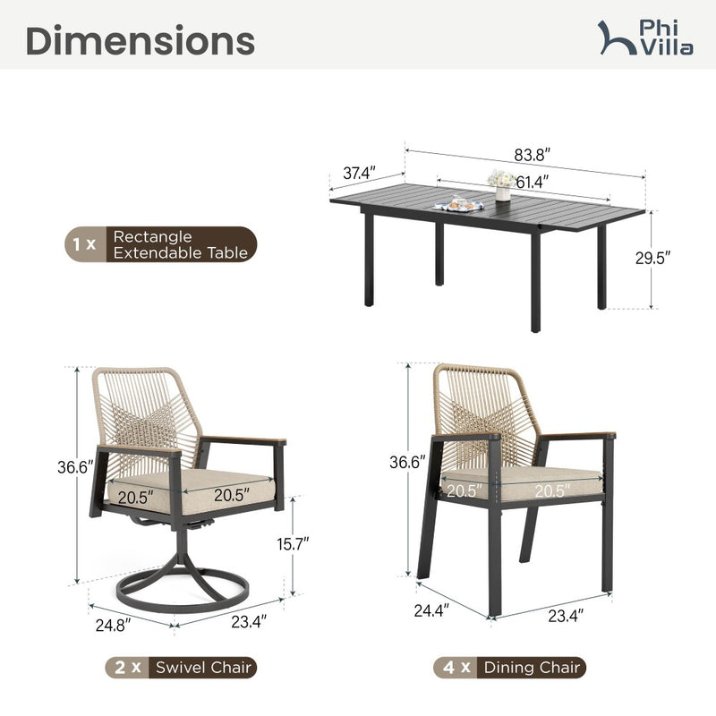 7/9-Piece Patio Dining Set with Stylish Rattan Rope Chairs and Expandable Table-Phi Villa