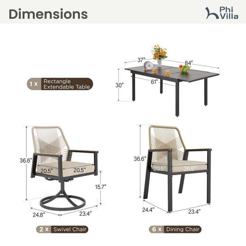 7/9-Piece Patio Dining Set with Stylish Rattan Rope Chairs and Expandable Table-Phi Villa