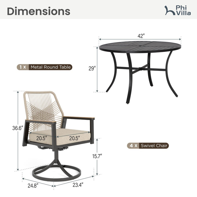 5/7-Piece Patio Dining Set with Patterned Round Table & Stylish Rattan Rope Chairs-Phi Villa