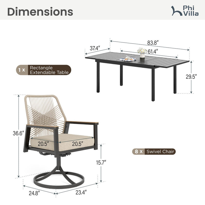 7/9-Piece Patio Dining Set with Stylish Rattan Rope Chairs and Expandable Table-Phi Villa