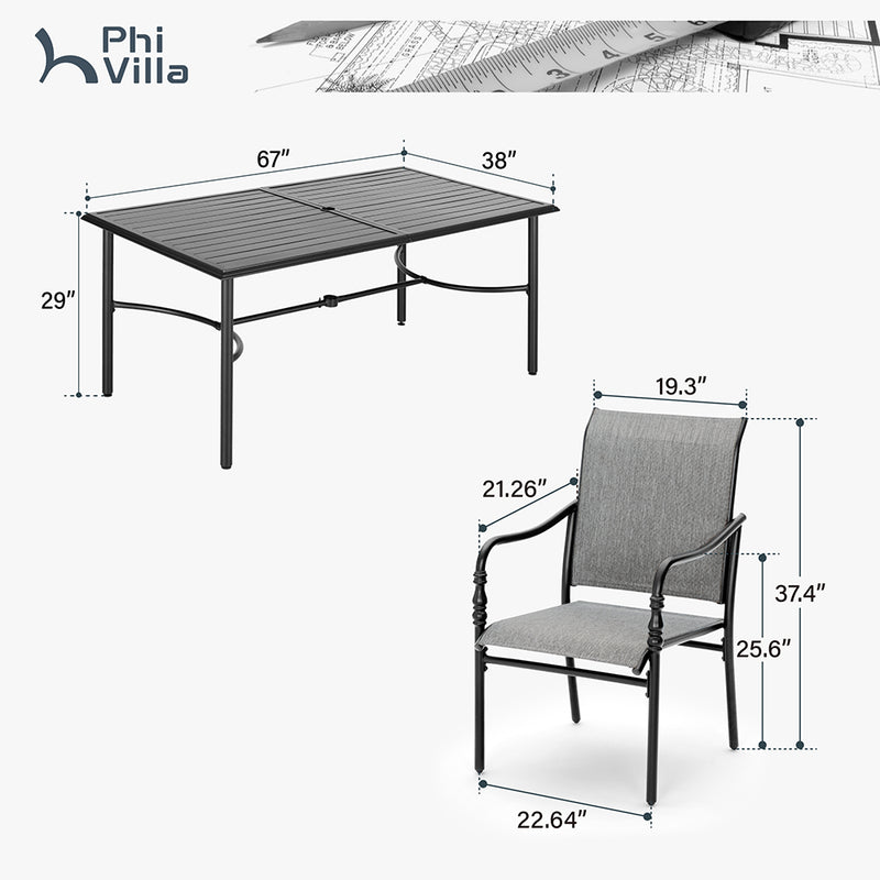 7-Piece Classical Patio Dining Set with Textilene Fixed Chairs-Phi Villa