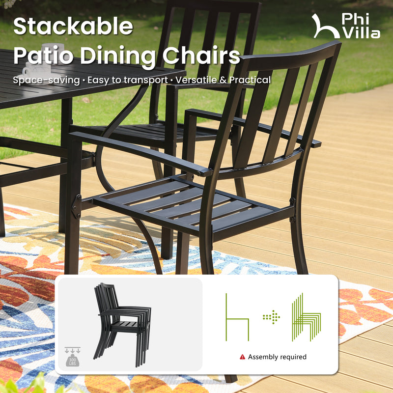 PHI VILLA 7-Piece Outdoor Patio Dining Set with Wood-look Table and 6 Stackable Metal Steel Chairs