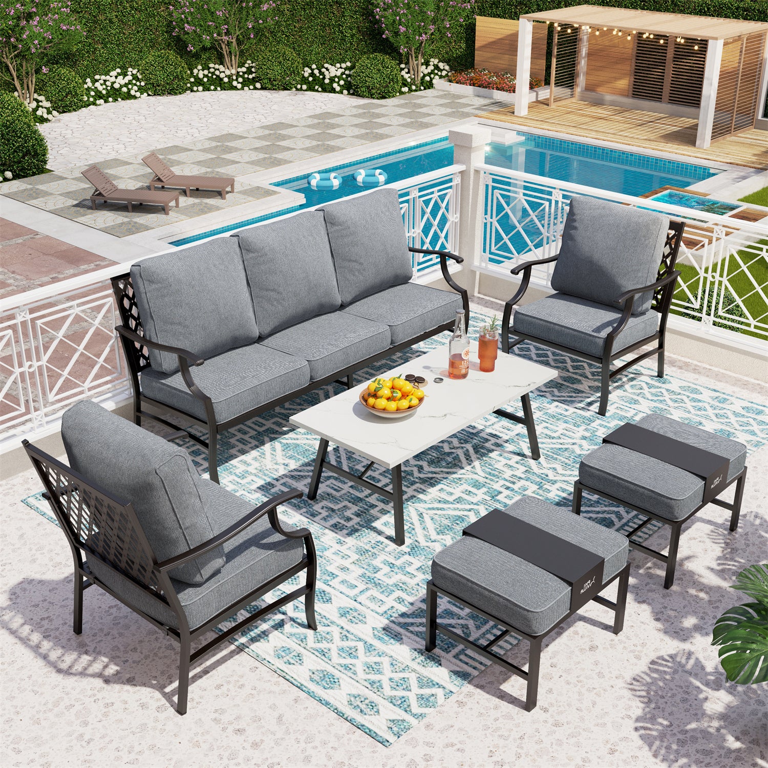 Phi Villa 7-Seater Patio Steel Sofa With Multi-fuctional Ottomans and