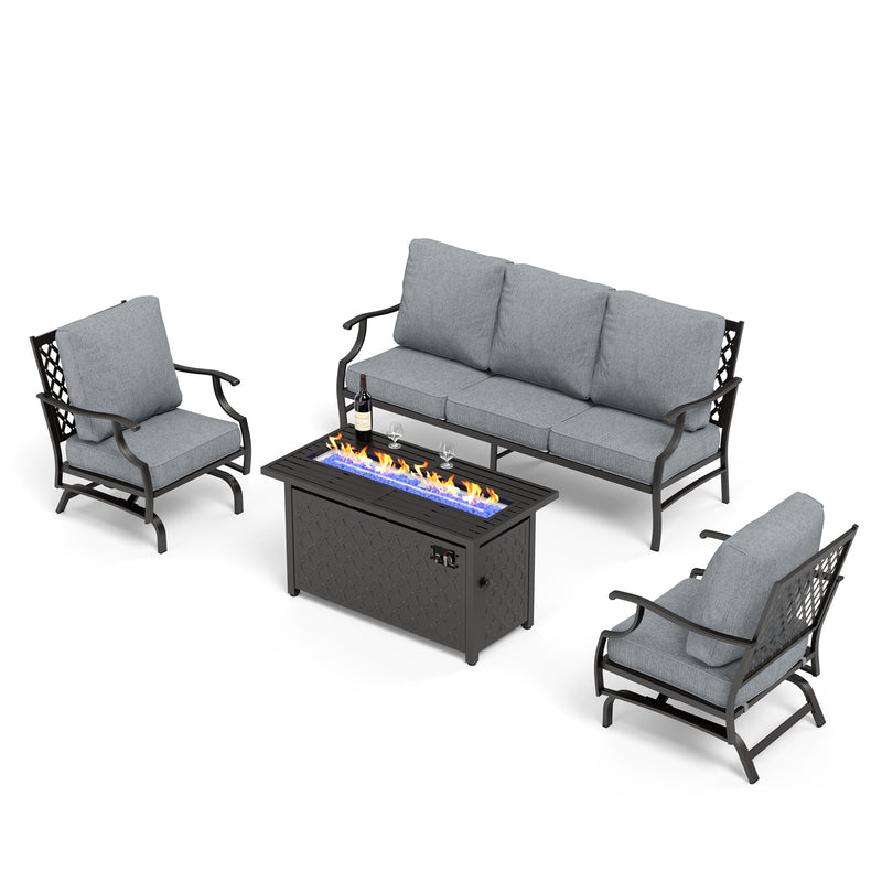 Phi Villa 5-Seater Outdoor Steel Conversation Sofa Set With Leather Grain Fire Pit Table
