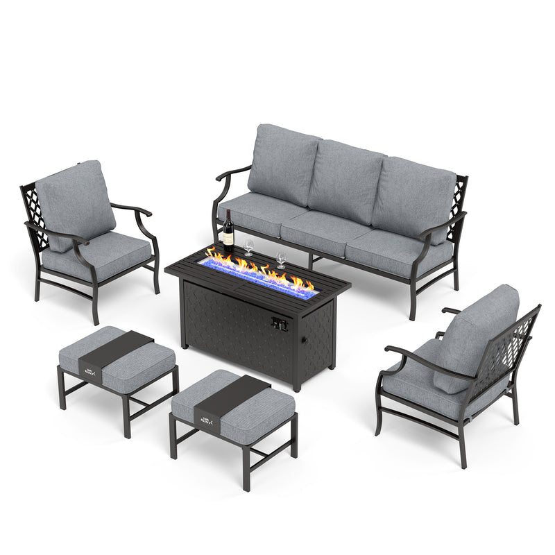 Phi Villa 7-Seater Patio Steel Conversation Sofa Set With Rectangle Fire Pit Table