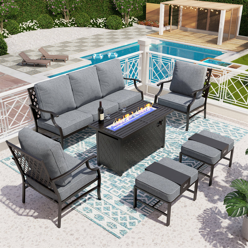 Phi Villa 7-Seater Patio Steel Conversation Sofa Set With Rectangle Fire Pit Table