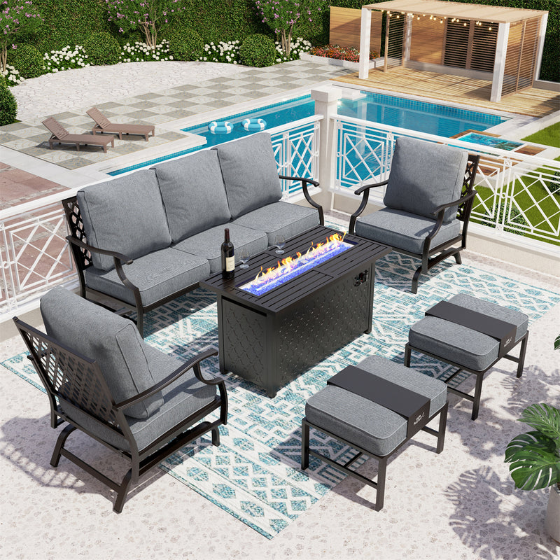 Phi Villa 7-Seater Patio Steel Conversation Sofa Set With Rectangle Fire Pit Table