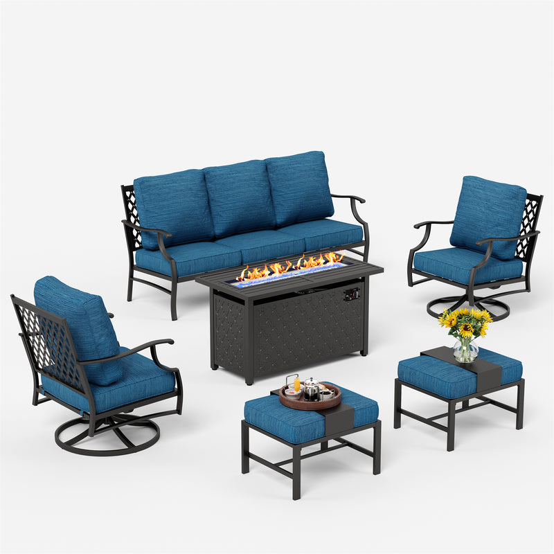 Phi Villa 7-Seater Patio Steel Conversation Sofa Set With Rectangle Fire Pit Table