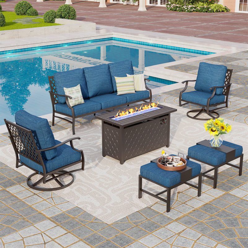 Phi Villa 7-Seater Patio Steel Conversation Sofa Set With Rectangle Fire Pit Table