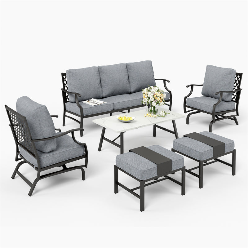 Phi Villa 7-Seater Patio Steel Sofa With Multi-fuctional Ottomans and Coffee Table