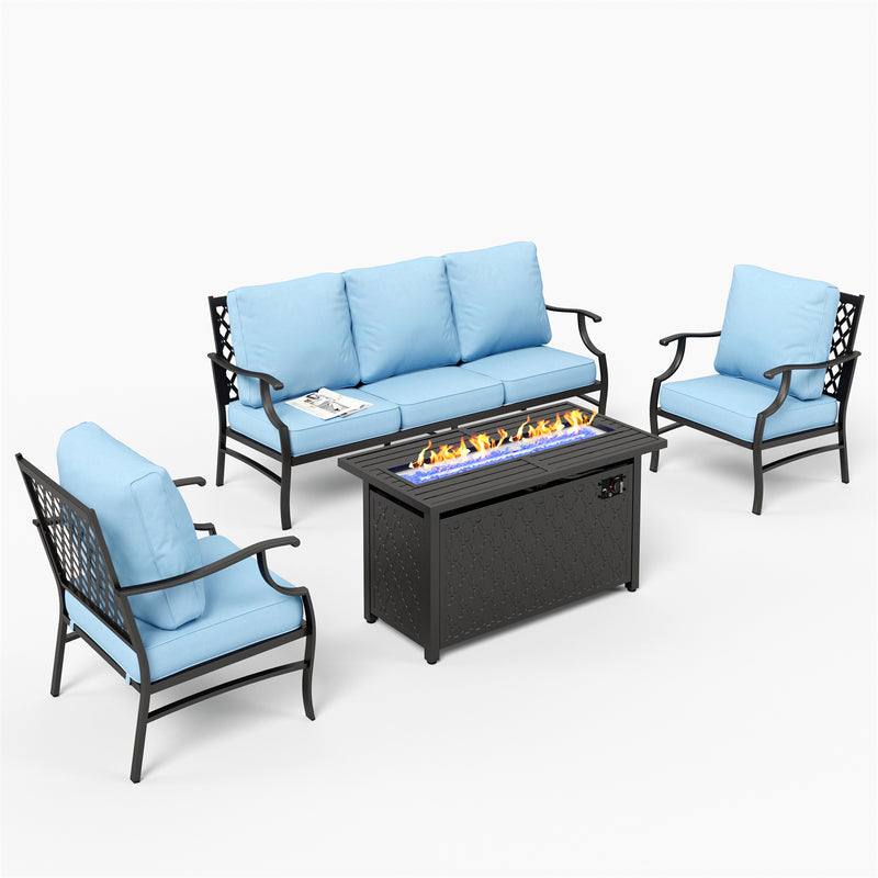 Phi Villa 5-Seater Outdoor Steel Conversation Sofa Set With Leather Grain Fire Pit Table