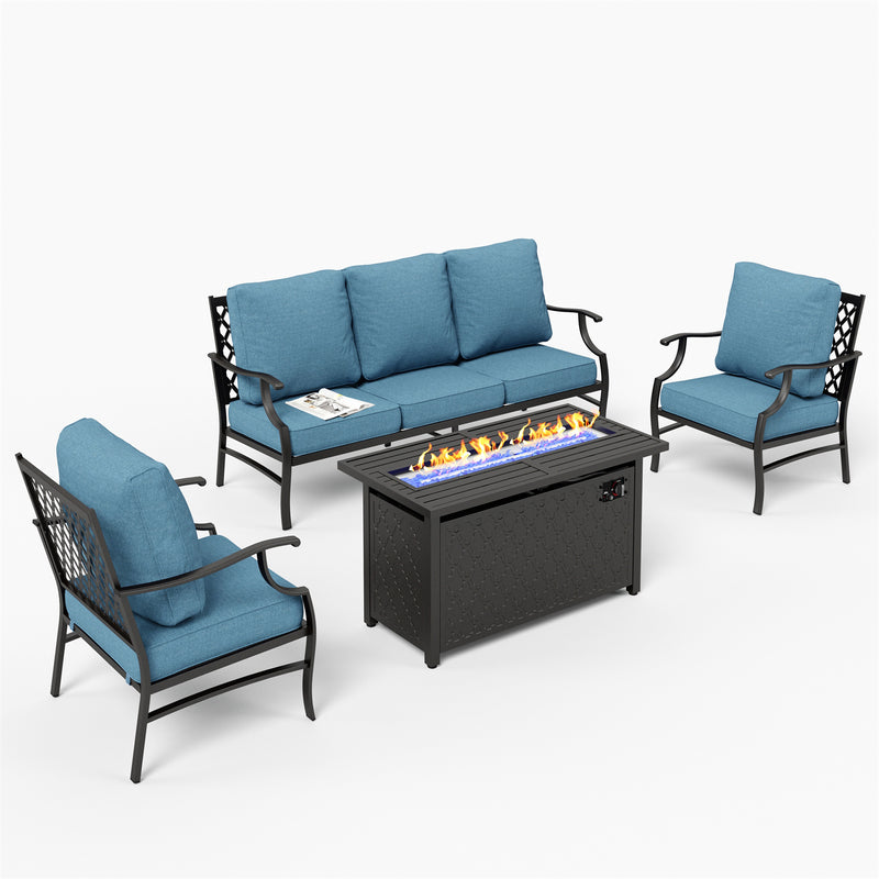 Phi Villa 5-Seater Outdoor Steel Conversation Sofa Set With Leather Grain Fire Pit Table