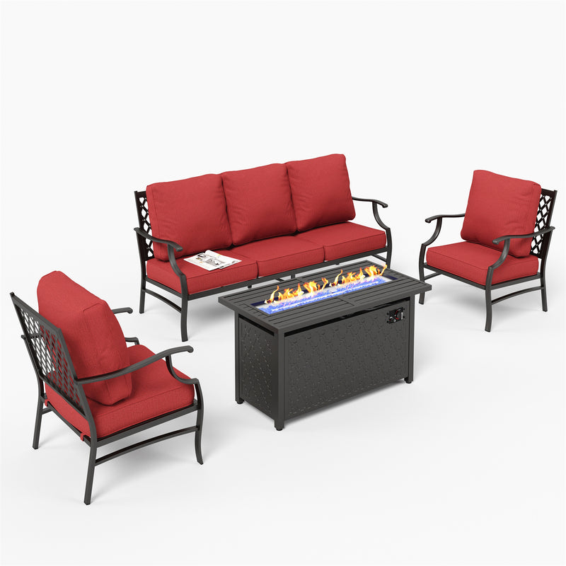 Phi Villa 5-Seater Outdoor Steel Conversation Sofa Set With Leather Grain Fire Pit Table