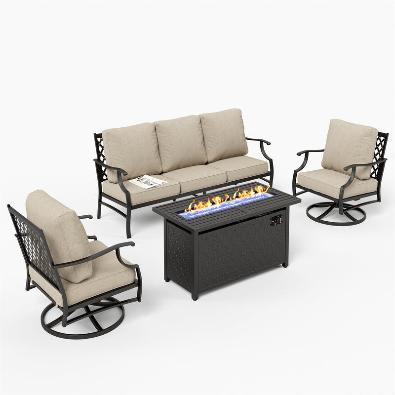 Phi Villa 5-Seater Outdoor Steel Conversation Sofa Set With Leather Grain Fire Pit Table