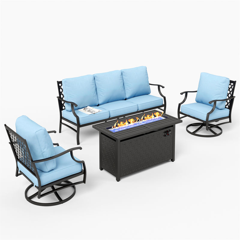 Phi Villa 5-Seater Outdoor Steel Conversation Sofa Set With Leather Grain Fire Pit Table