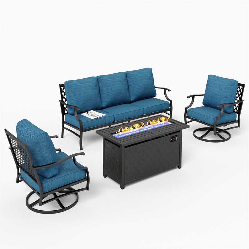 Phi Villa 5-Seater Outdoor Steel Conversation Sofa Set With Leather Grain Fire Pit Table