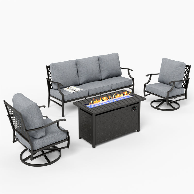 Phi Villa 5-Seater Outdoor Steel Conversation Sofa Set With Leather Grain Fire Pit Table