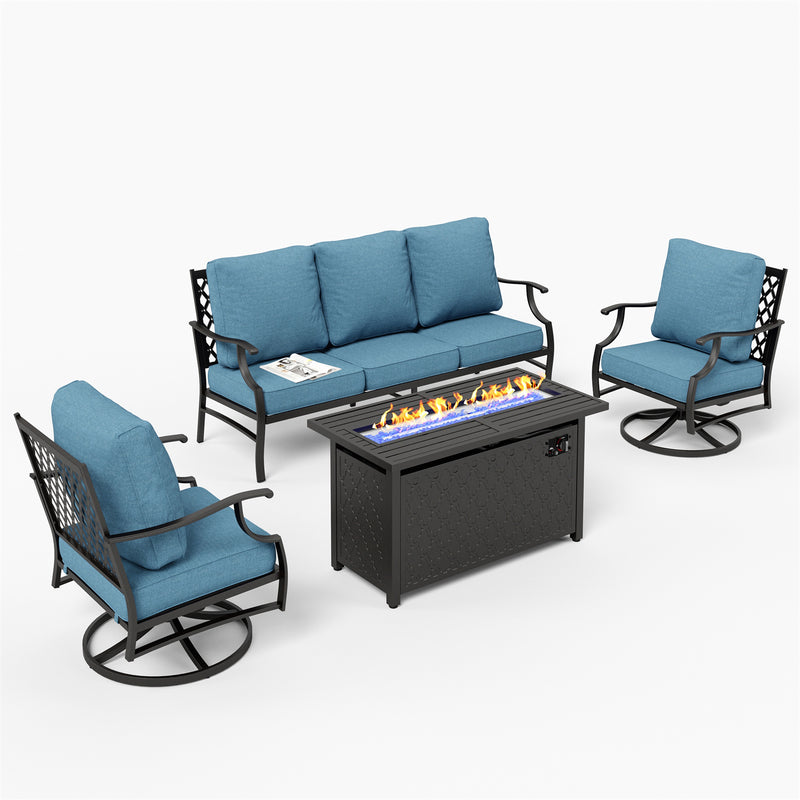 Phi Villa 5-Seater Outdoor Steel Conversation Sofa Set With Leather Grain Fire Pit Table